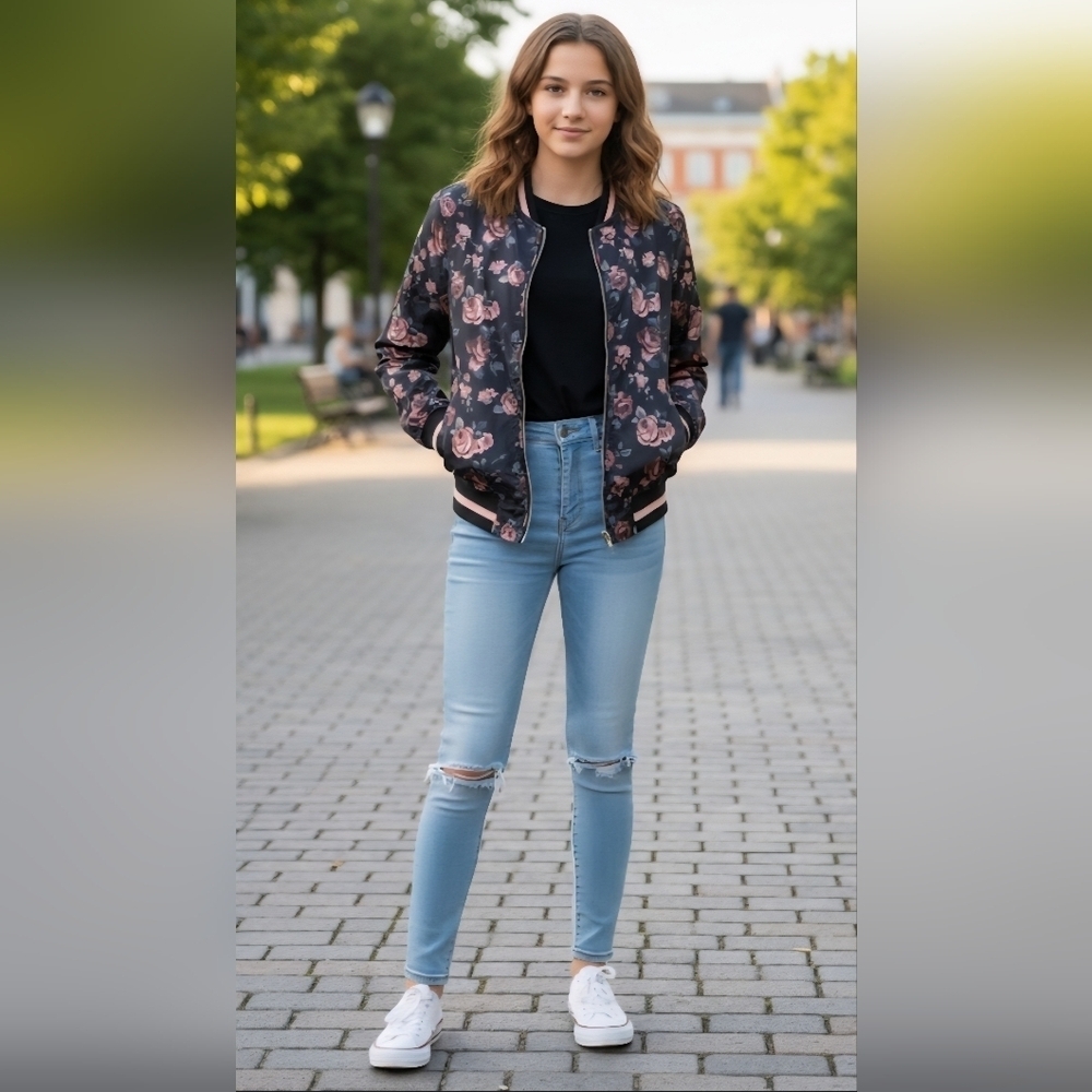 Urban Republic Black and Pink Floral Bomber Jacket